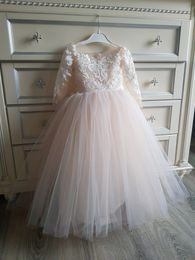 2023 Pink Lace Flower Girl Dress Bows Children's First Communion Dress Princess Formal Tulle Ball Gown Wedding Party Dress 4-8 years MC2303