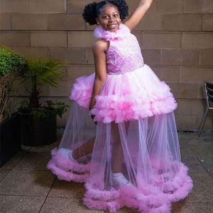 2023 Rose Dentelle Fleur Fille Robes Robe De Bal Tulle Perlé Sans Manches Tutu Lilttle Enfants Anniversaire Pageant Robes De Mariage ZJ5162