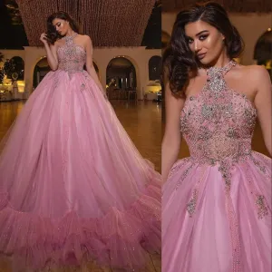 2023 Roze prom -jurken van de schouder sexy halter kristallen kralen sprankelende pailletten op maat gemaakte avondjurk formele gelegenheid slijtage vestidos plus maat