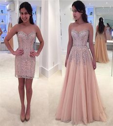 2023 Pink Prom Dresses Sheer Neck Beaded Lace Sweetheart Neckline with Detachable Skirt Custom Made Evening Gown Formal Occasion Wear Vestidos Plus Size