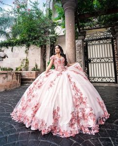 2023 Pink Quinceanera Dresses Sweet 15 Dress Off Shoulder Luxury 3D Floral Flowers Lace Appliqued Crystal Beads Prom Gowns Beaded Ball Gown