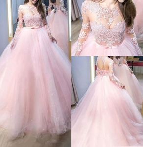 2023 Roze Quinceanera -jurken met kanten applique kralen tule lintbal jurk lange mouwen zoete 16 verjaardagsfeestje prom Formal avondkleding vestidos 403 403