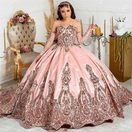 2023 Pink Sexy Shining Quinceanera -jurken Sweet 15 jurk lieverd Appliqued Crystal Prom -jurken Rose Gouden lovertjes lovertjes kanten pailletten met mouwen kralen ball jurk