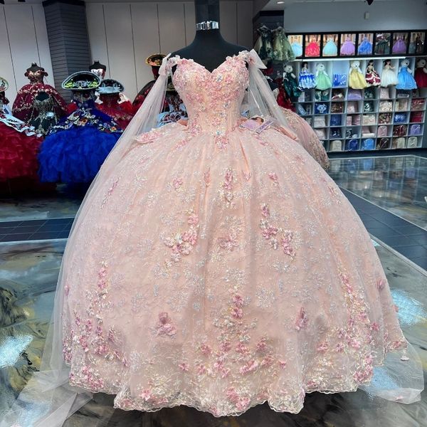 Vestidos de quinceañera con cuello en V, sexys, rosas, flores en 3D con capa, 15 vestidos de fiesta de cumpleaños, vestidos de lujo para niña de 15 anos, 2024