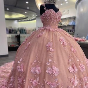 2024 Vestidos de quinceañera brillantes de color rosa Vestido de fiesta con cuentas Sweetheart Floral Flores en 3D Corsé en la espalda Tull Sweet 15 16 Vestido para niñas