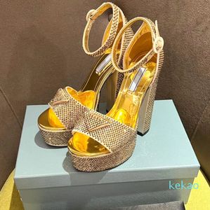 2023 platform sandalen dikke hakken strass rhinestones hoge hakken blok hiel sandaal luxe designer schoenen voor dames fabrieksschoenen schoenen