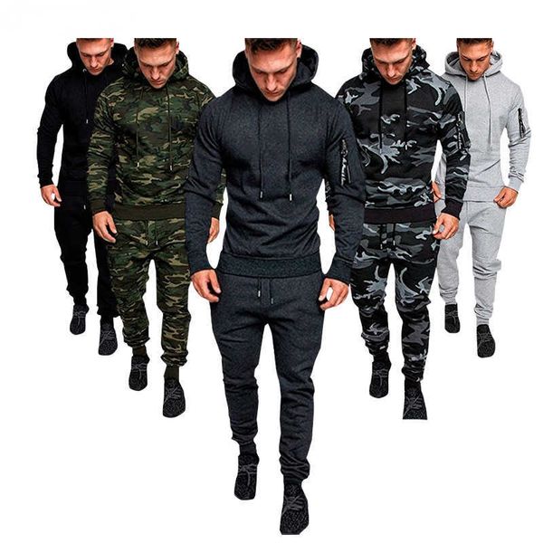 2023 de talla grande 3xl Chándales para hombre Sudadera con capucha militar Conjuntos de 2 piezas Su camuflaje Hombre musculoso Primavera Otoño Chaqueta de sudor táctica Pantalones Ropa deportiva 7 colores