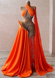 2023 Plus Size Arabisch Aso Ebi Oranje Luxe Sparkly Galajurken Kralen Kristallen Avond Formeel Feest Tweede Receptie Verjaardag Verlovingsjurken Jurk