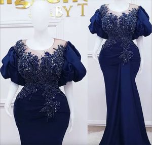 2023 Tallas grandes Árabe Aso Ebi Azul real Sirena Vestidos de baile Cristales de abalorios Noche Fiesta formal Segunda recepción Cumpleaños Vestidos de compromiso Vestido ZJ48