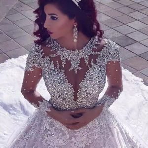 2023 Plus Size Árabe Luxuoso Cristais Frisados Vestidos de Noiva Gola Alta Vestidos de Noiva Sereia Gola Transparente Vestidos de Noiva Sexy Africano Elagant Brilhantes Vestidos de Casamento