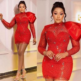 2023 Plus taille aso ebi robes cocktails courts mini-manches longues robe de bal rouge
