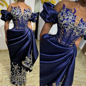 2023 Plus size aso ebi prom jurkt echte foto's uit schouder Royal Blue Shath Lace Kralen Afrikaanse Nigeria Glitter Avondjurk tweede receptie jurken