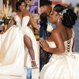 Vestido de novia africano de Nigeria para novia, vestidos de novia de talla grande, un hombro, manga larga, vestido de matrimonio con abertura lateral, vestidos de novia de encaje con apliques de mujer negros D054