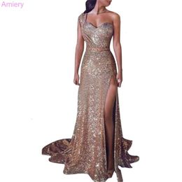 2024 Plus size size jurk vrouw nek hangende banket elegantie sexy een schouder heet goud lang feest prom jurken vrouwen