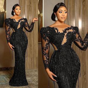 2023 Plus size laatste Aso ebi prom -jurken lange tule kanten mouwen zeemeermin zwart kralen Afrikaanse Nigeria glitter avondjurk tweede receptie jurken