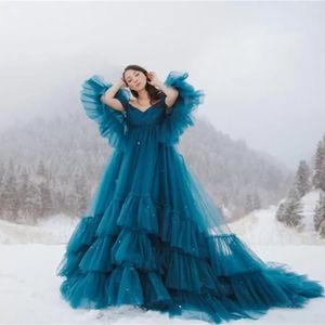 2023 Plus Size Maternité Femmes Enceintes Robes De Bal Puffy A-Line Teal Tulle Longue Occasion Spéciale Robes Baby Shower Formelle Robe De Soirée Tiered Tribunal Train