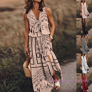 2023 Plus Size Summer Womens Casual America Long Dress 3xl 4xl 5xl Sans manches Noir Femmes Taille Zipper Lettre Imprimé Business Maxi Designer Robes Pour Femme