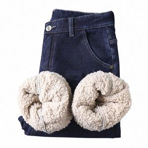 2023 Pluche Wollen Jeans Heren Winter Warm Dikker Thermische Broek 28-40 Rechte Stretch Streetwear Boot Cut Dagelijkse Broek voor Mannen 48uE #