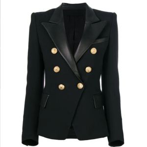 2023 Premium nieuwe stijl Blazers van topkwaliteit Origineel ontwerp Dames Double-Breasted Slim Jacket Metalen gespen Blazer Zwart Leren kraag Uitloper Maattabel