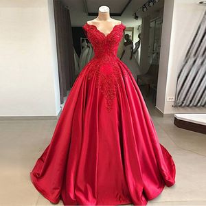 2023 Vestido de fiesta de princesa Vestidos de baile Mangas con cuello en V Vestido de fiesta de noche rojo con apliques de encaje con cuentas Vestidos de noche de satén elegantes