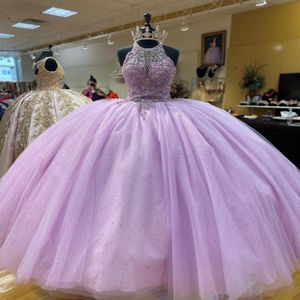 2023 Princesa Lilac Tul Tul Ball Ball Quinceanera Vestidos Boaded Crystal Bling Tulle Vestidos de Prom Sweet 15 16 Dress Girls Long 235n