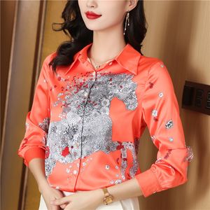 2023 Gedrukt Dames Designer Revers Shirts Zijde Zwart Lange Mouw Elegant Fit Shirt Kantoor Dames Knoopsluiting Casual Satijnen Blouses Lente Herfst Chic Slim Runway