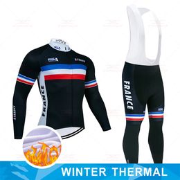 2024 Pro France Blue Mens Maillot de cyclisme d'hiver Ensemble de vélo de montagne à manches longues Vêtements de vélo de montagne respirants