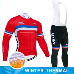 2024 Pro France Red Mens Jersey de cyclisme d'hiver Ensemble de vélo de montagne à manches longues Vêtements de vélo de montagne respirant