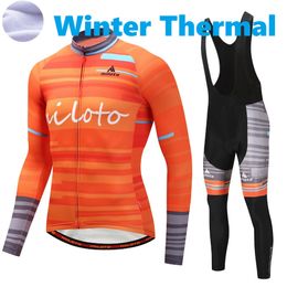 2023 Pro Mens Waves Orange Winter Cycling Jersey Set Long Sleeve Mountain Bike Cycling Clothing Ademend MTB Bicycle kleding Draag Pak B35
