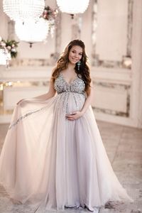 2023 Vestidos de fiesta Maternidad Increíble Cuello en V profundo Cristales de ilusión Con cuentas Imperio Cintura Tul Mujeres atractivas Dubai Embarazada Fiesta formal Vestido de noche