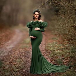 2023 PROM -jurken Mermaid Dark Green Kaki Afrikaanse zwangerschapsjurken gewaden voor fotoshoot of baby shower chique vrouwen ruches Ruches lange mouwen fotografie gewaad feestjurk