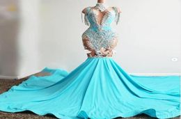 2023 Robes de bal Turquoise Sexy Sirène Illusion Sparkly Argent Dentelle Appliques Sans Manches Robe De Soirée Formelle Grande Taille Soirée Go6157497