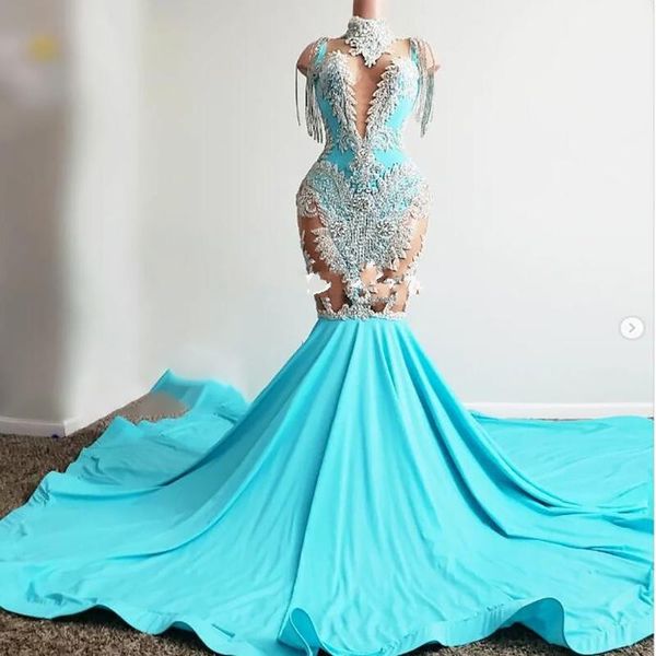 2023 Robes de bal Turquoise Sexy Sirène Illusion Sparkly Argent Dentelle Appliques Sans Manches Robe De Soirée Formelle Plus Taille Soirée Go254b