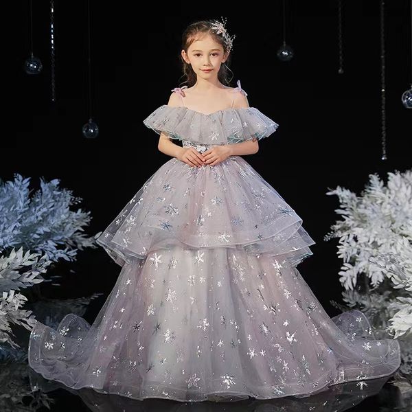 2023 robe de fille de fleur gonflée pour les mariages princesse brillant ivoire long train dentelle robe de bal gonflé pageant fête filles première sainte communion christamas robe d'anniversaire