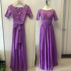 2023 violet robes de demoiselles d'honneur image réelle bijou cou en mousseline de soie dentelle perles de cristal longueur de plancher manches courtes ceintures formelle demoiselle d'honneur robes d'invité de mariage