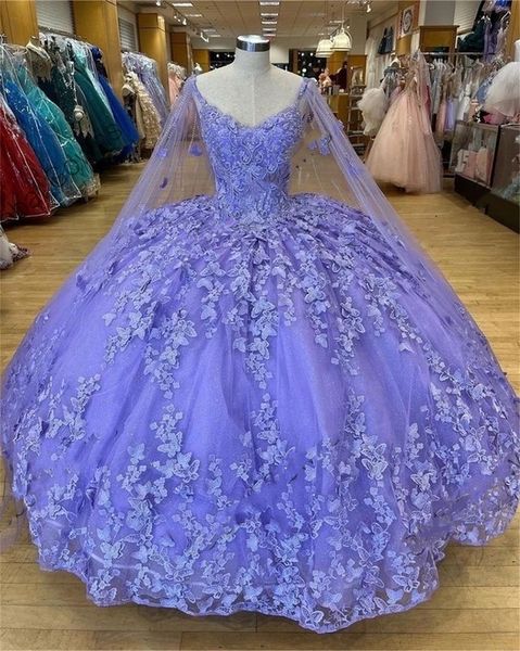 2023 Vestido de fiesta de novia púrpura Vestido de quinceañera Vestidos de fiesta de cumpleaños con cuentas con apliques de capa para niña con cordones en la espalda Graduación