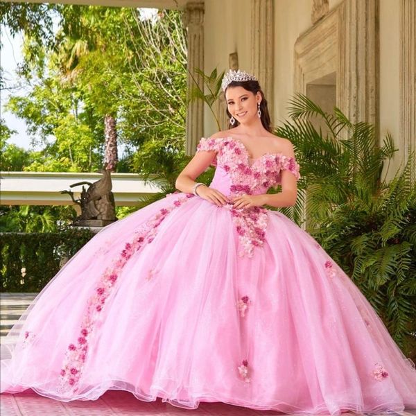 2023 Quinceanera robe de bal robes romantique rose tulle épaule 3D fleurs florales longueur de plancher plus taille corset dos robes de soirée de bal manches courtes