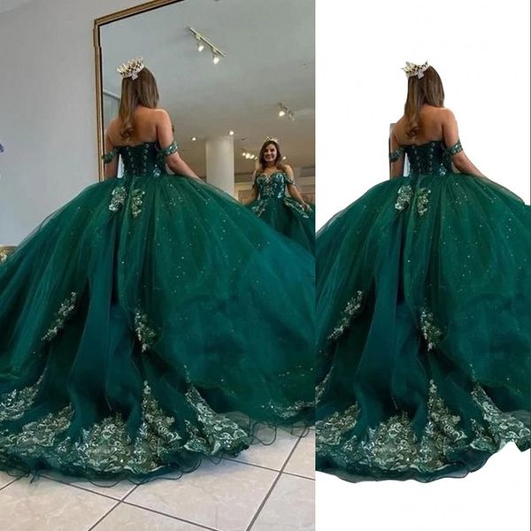 2023 Quinceanera Robes Robe De Bal Vert Foncé Chérie Hors Épaule Or Dentelle Paillettes Cristal Perles Corset Dos Robe Doux 16 Robe De 15 Anos Quinceanera