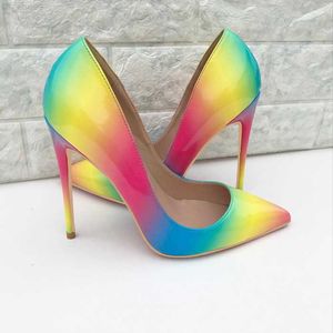 2023 Regenboog Hoge heelScolorful Rainbow Gedrukt puntige teen stiletto hoge hakken vrouw dame vrouwelijk 12 cm 10 cm 8 cm hoge hakschoenen pomp