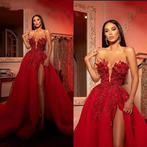 Arabe Aso Ebi Robes de bal rouge en dentelle élégante luxueuse cristaux de perles sexy soirée formelle deuxième robes de réception robe fabriquée sur mesure