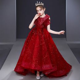 2023 robes de fille de fleur rouge pour les mariages robe de soirée en tulle pour enfants fille appliques en dentelle robe de bal de princesse boutons de concours dos organza filles vêtements de concours pour les adolescents