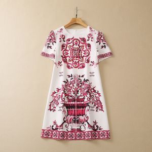 2023 Rode Paisley-print Katoenen Jurk Met Korte Mouwen Ronde Hals Strass Losse Rechte Knielange Casual Jurken S3L150615