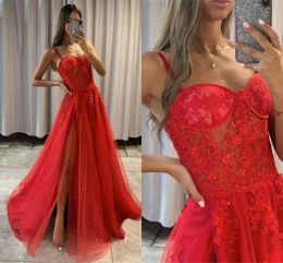 2023 robes de bal rouges une ligne bretelles spaghetti dentelle appliques illusion corsage fente latérale sur mesure ruché robes de soirée vestidos occasion formelle porter plus la taille