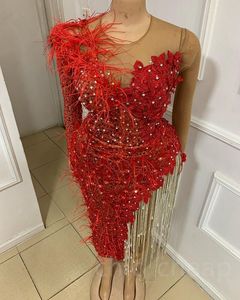 Juniors 2024 Red Sheath Prom Dress Beaded Lace Feather Accents, Black Tea-Length Homecoming Gown, Elegant Bridesmaid Cocktail Attire