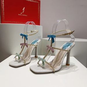 2023 Rene Caovilla Sandalen Nieuwe Boog Decoratie Satijn Vrouwen 10 Cm Hoge Hakken Kristal Gesp Vierkante Neus Open Teen Fijne band Combinatie Merk Designer Schoenen