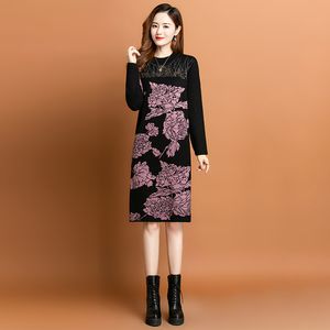 2023 Rétro Floral Tricoté Midi Robes Automne Hiver Femmes De Luxe Designer O-cou Mince Élégant Fête De Vacances Graphique Pulls Robe À Manches Longues Bureau Dame Robes