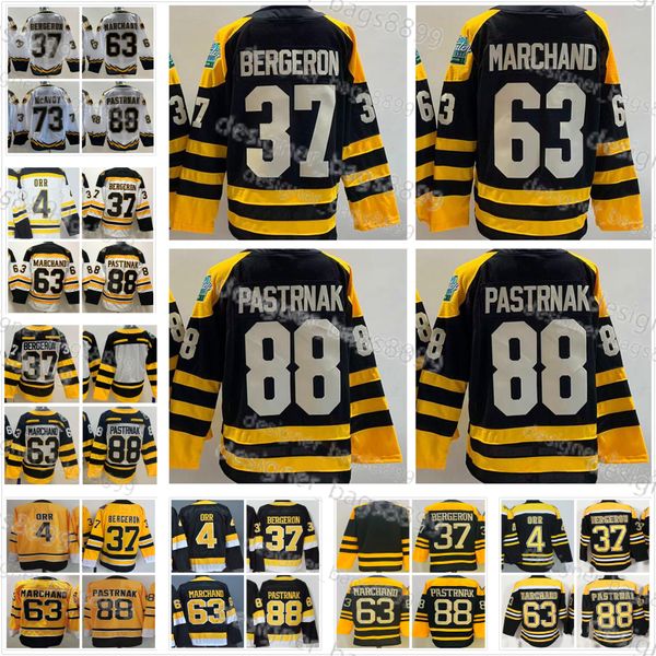 2023 Maillots de hockey rétro inversés 88 David Pastrnak 63 Brad Marchand 4 Bobby Orr 37 Patrice Bergeron Chemise blanche cousue pour hommes Finale de la Coupe Stanley classique d'hiver