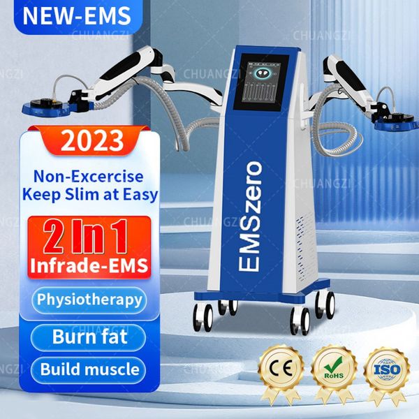 2023 RF Nuevo diseño Máquina de fisioterapia Moldeador de cuerpo Electromagnético EMS Delgado 2 manijas RF Adelgazamiento corporal 14 Tesla Dispositivo para esculpir