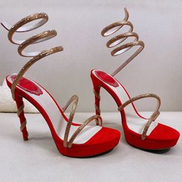 2023 Rome Plate-forme Sandales Rc mode Noir Rouge Strass twining anneau de pied femmes chaussures Designer de luxe bande étroite 12.5CM nouveauté à talons hauts