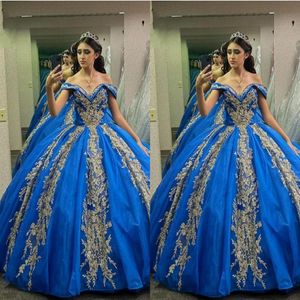 2023 Koningsblauw En Goud Quinceanera Jurken Uit De Schouder Bloemen Applique Kralen Parels Prinses Sweet 16 Jurk Prom Party228l